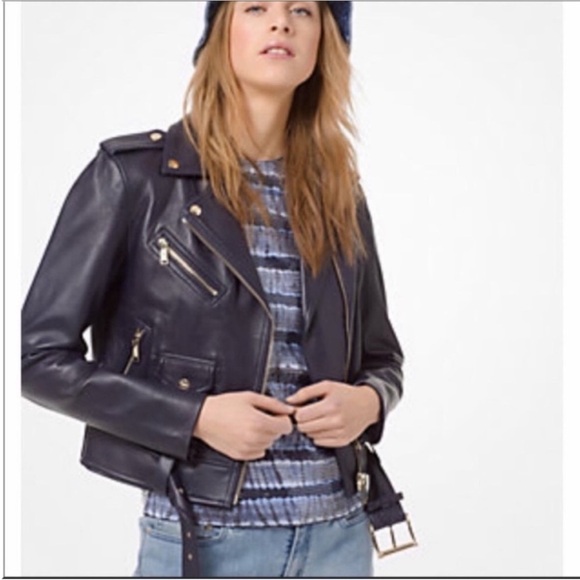 NWOT MICHAEL KORS Leather Moto Jacket - Navy - Picture 2 of 8